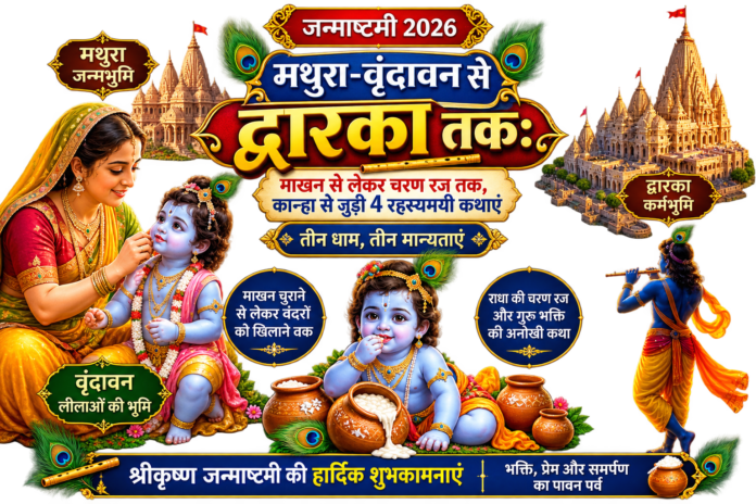 तीन धाम, तीन मान्यताएं और कृष्ण के जीवन से जुड़े ऐसे प्रसंग, जिनमें छिपे हैं प्रेम, भक्ति, त्याग और समर्पण के अनोखे संदेश।